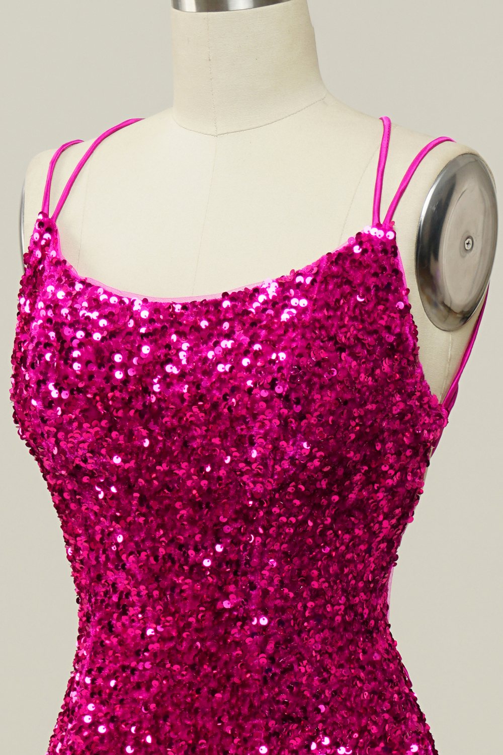 Hot Pink Paljett Smala Axelband Sjöjungfru Balklänning Med Lace-Up Back