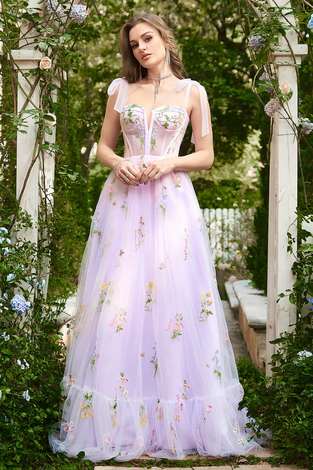 A-linje Lilac broderi Korsett Lång Balklänning