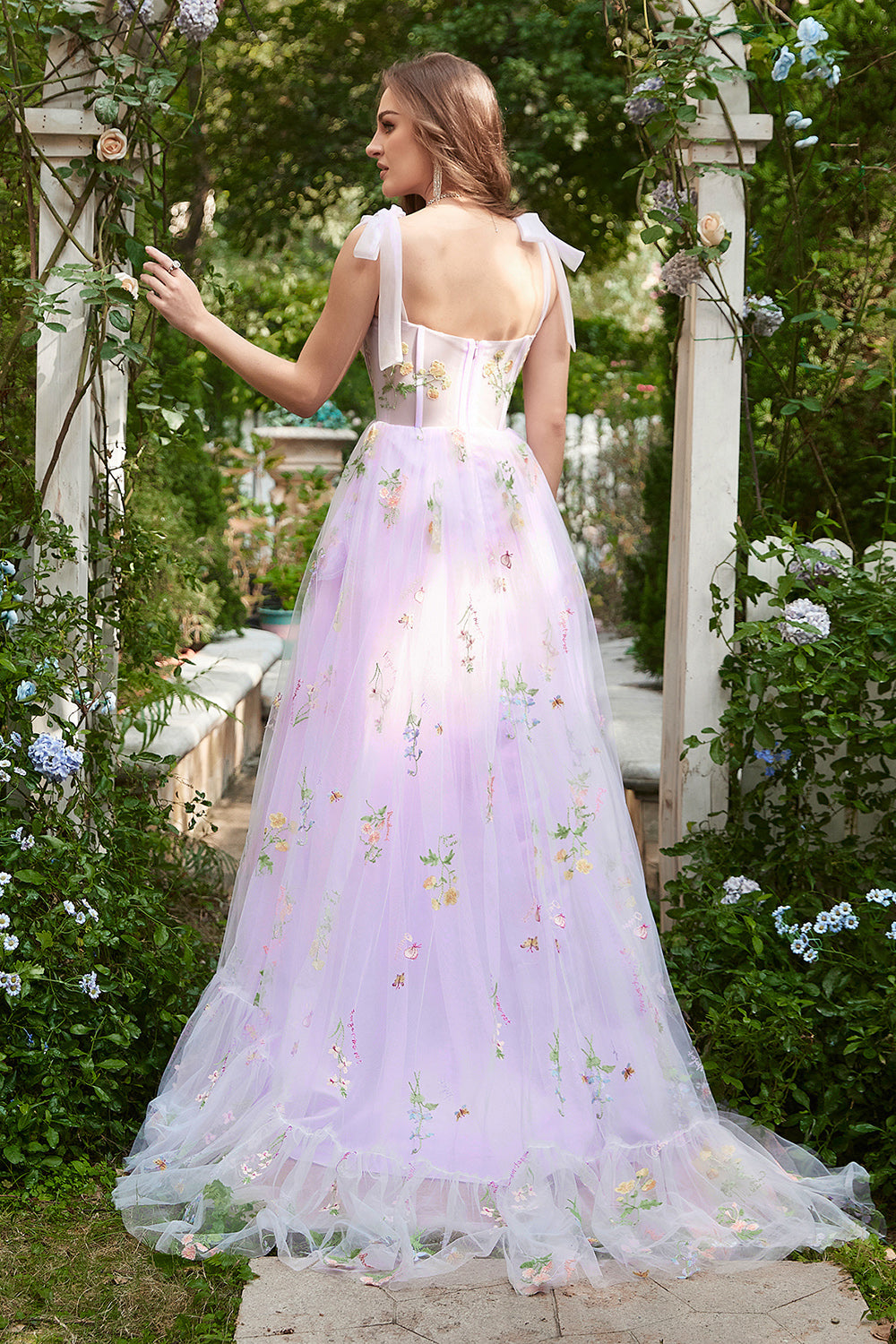 A-linje Lilac broderi Korsett Lång Balklänning
