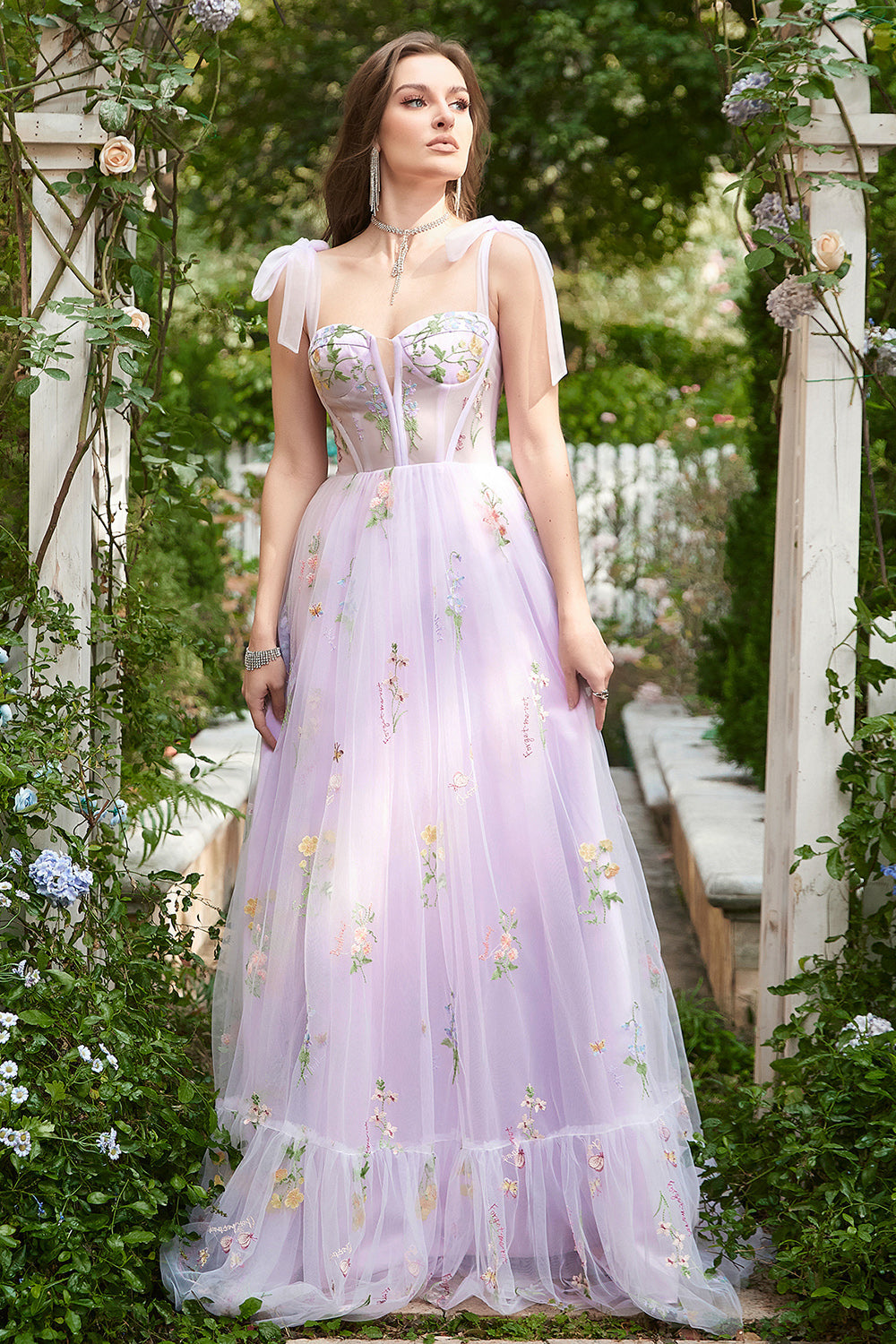 A-linje Lilac broderi Korsett Lång Balklänning