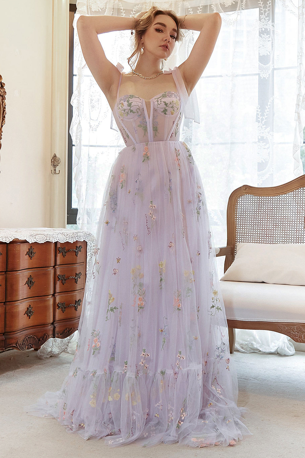 Lavendel Tulle En linje korsett Plus Size Bal Klänning med broderad