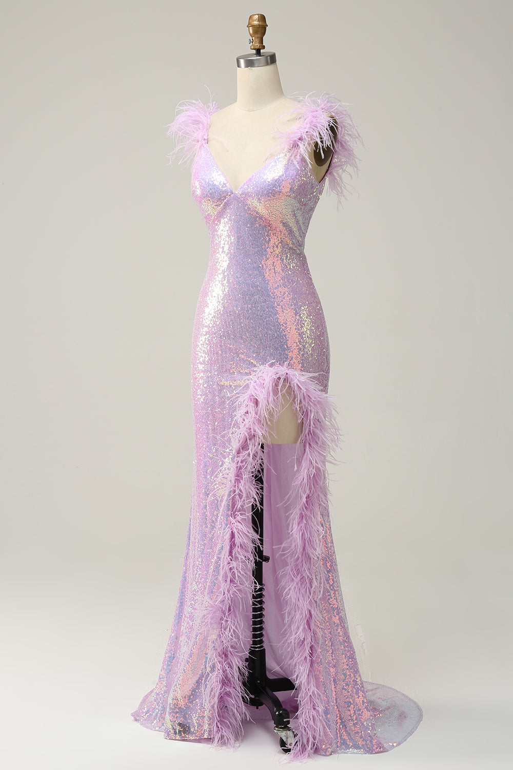 Mermaid Sweetheart Purple Paljetter Lång balklänning med fjäder