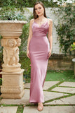 Sheath Spaghetti Straps Blush Long Bridesmaid Klänning med Bowknot