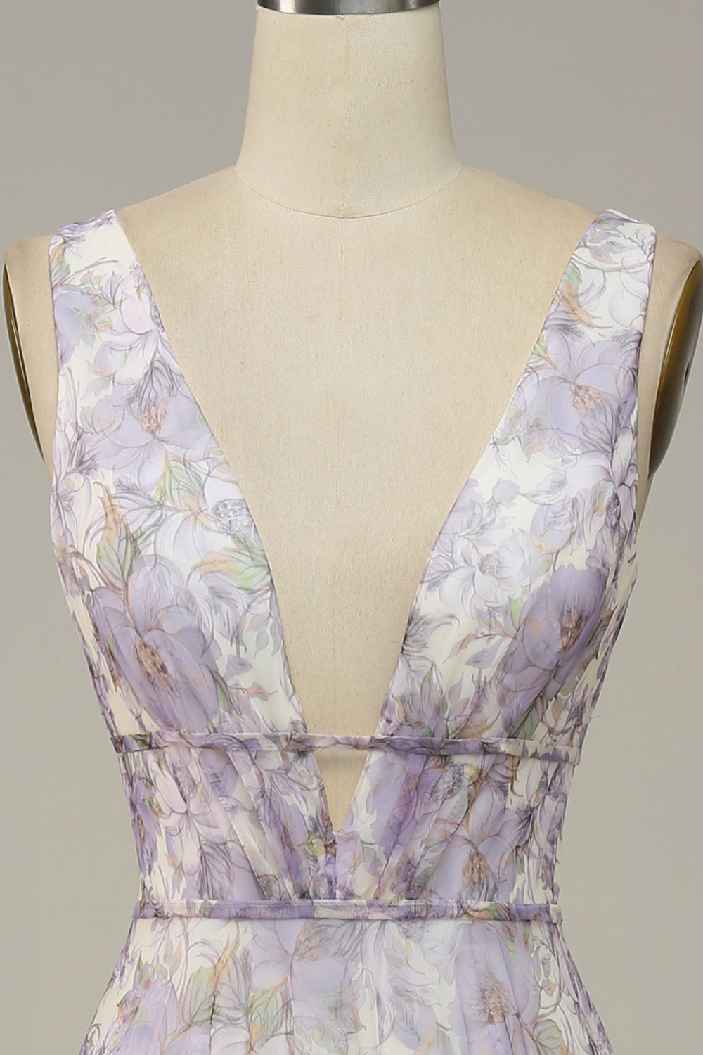 Ivory Lila tryckt V-Neck Balklänning med slits