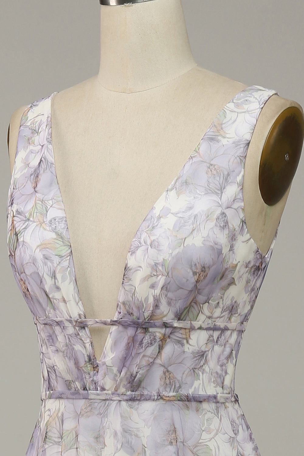 Ivory Lila tryckt V-Neck Balklänning med slits