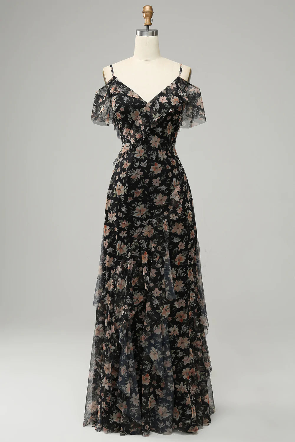 Svart Chiffong Off Shoulder Bal Klänning med blommig