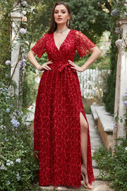 En Linje V Hals Röd Lång Brudtärna Klänning Med Broderi