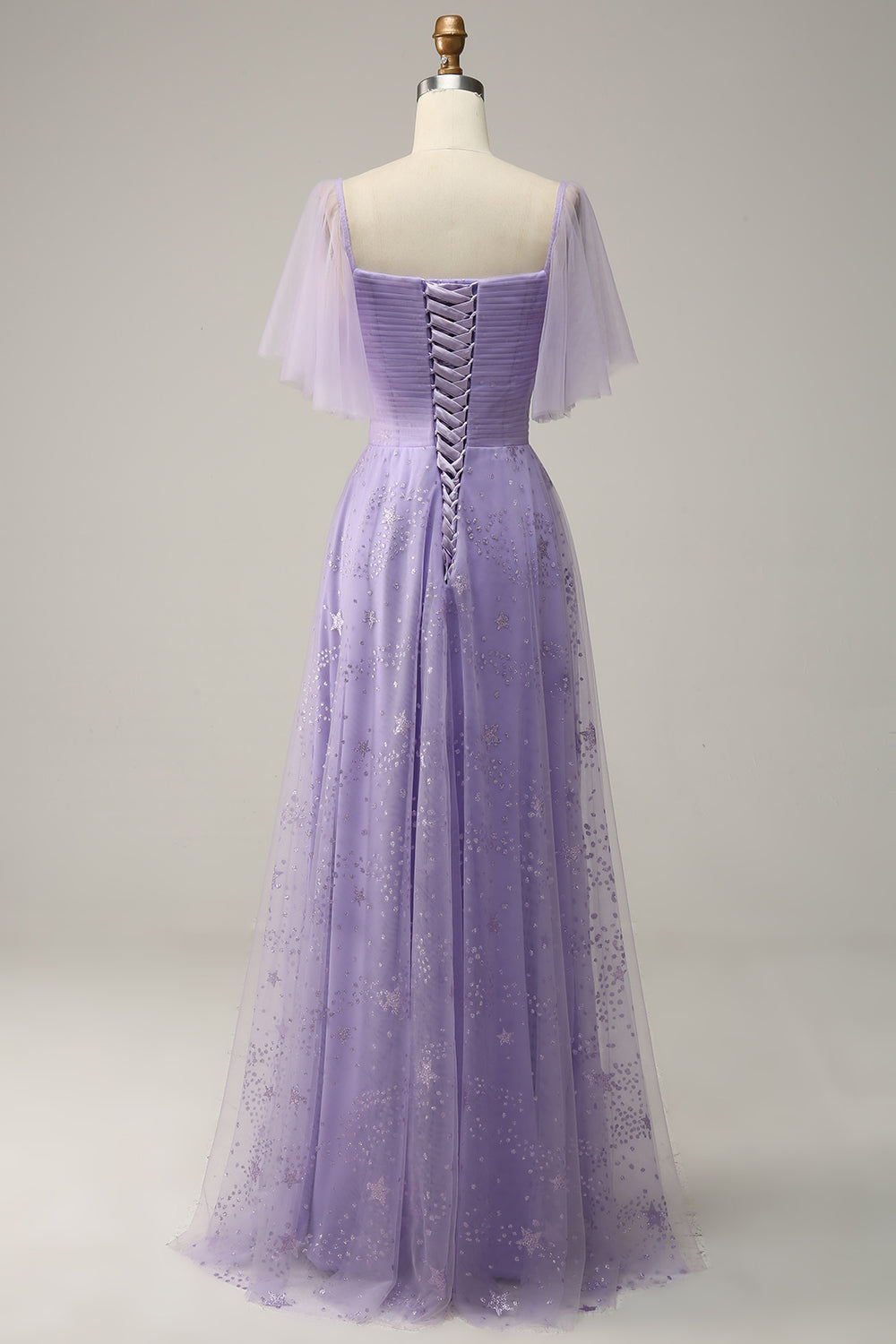 Off Shoulder Lavendel Balklänning Med Volanger