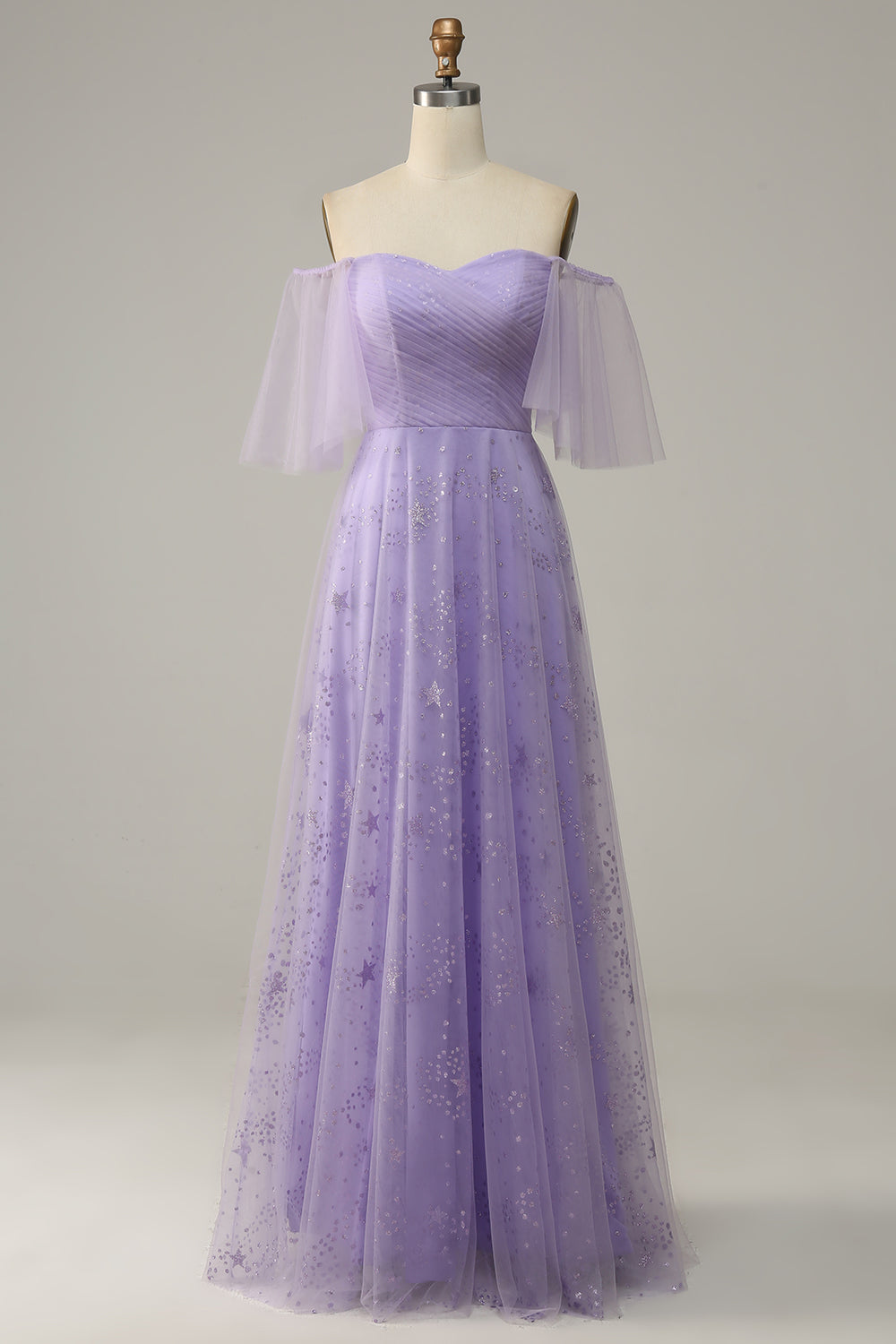 Off Shoulder Lavendel Balklänning Med Volanger
