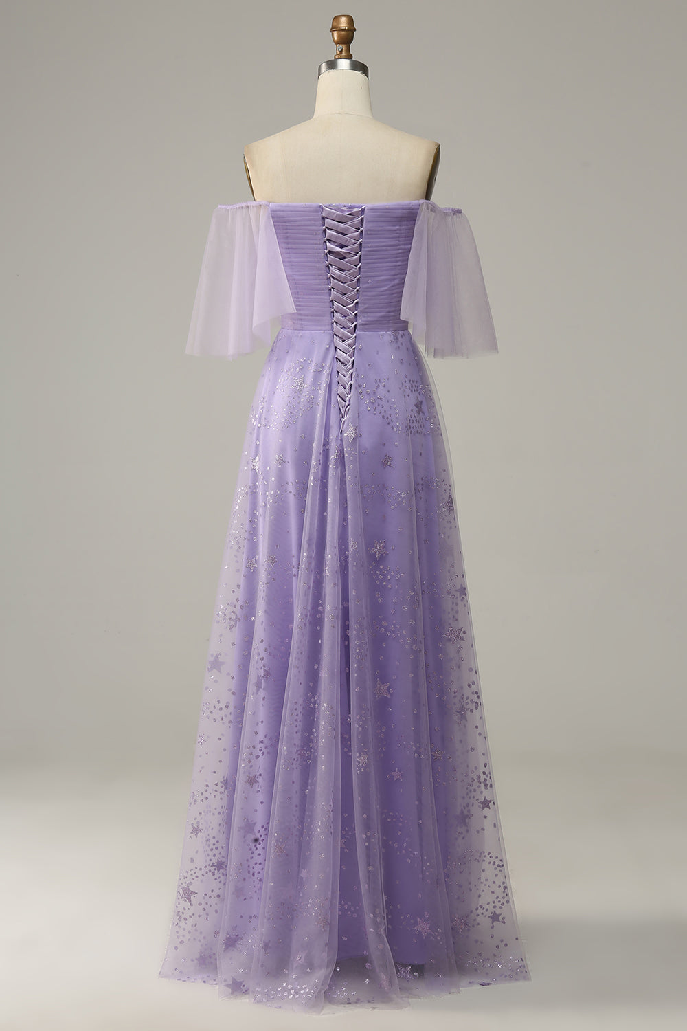 Off Shoulder Lavendel Balklänning Med Volanger