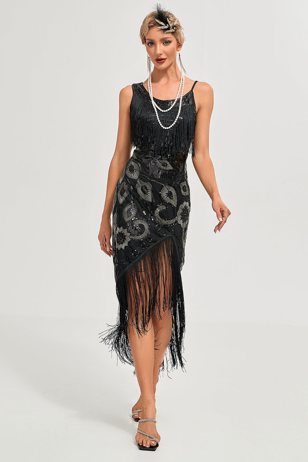 Svart Spaghetti Straps Gatsby Fringed Flapper Klänning
