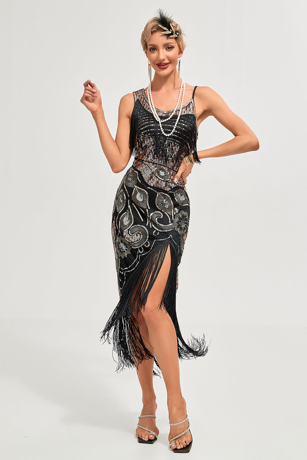 Svart Spaghetti Straps Gatsby Fringed Flapper Klänning