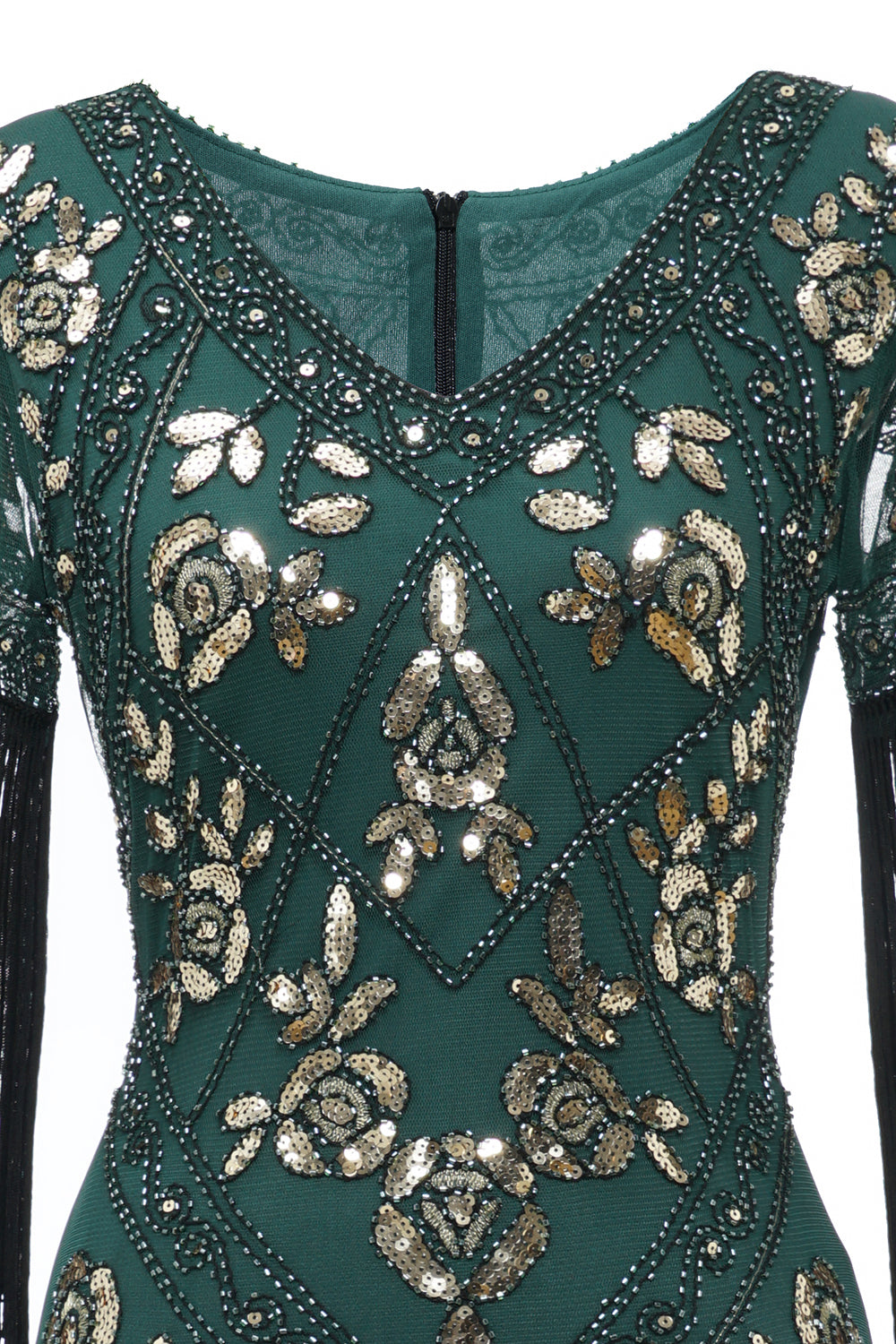 Svart V-hals Paljetter Fransar Lång 1920s Flapper Klänning