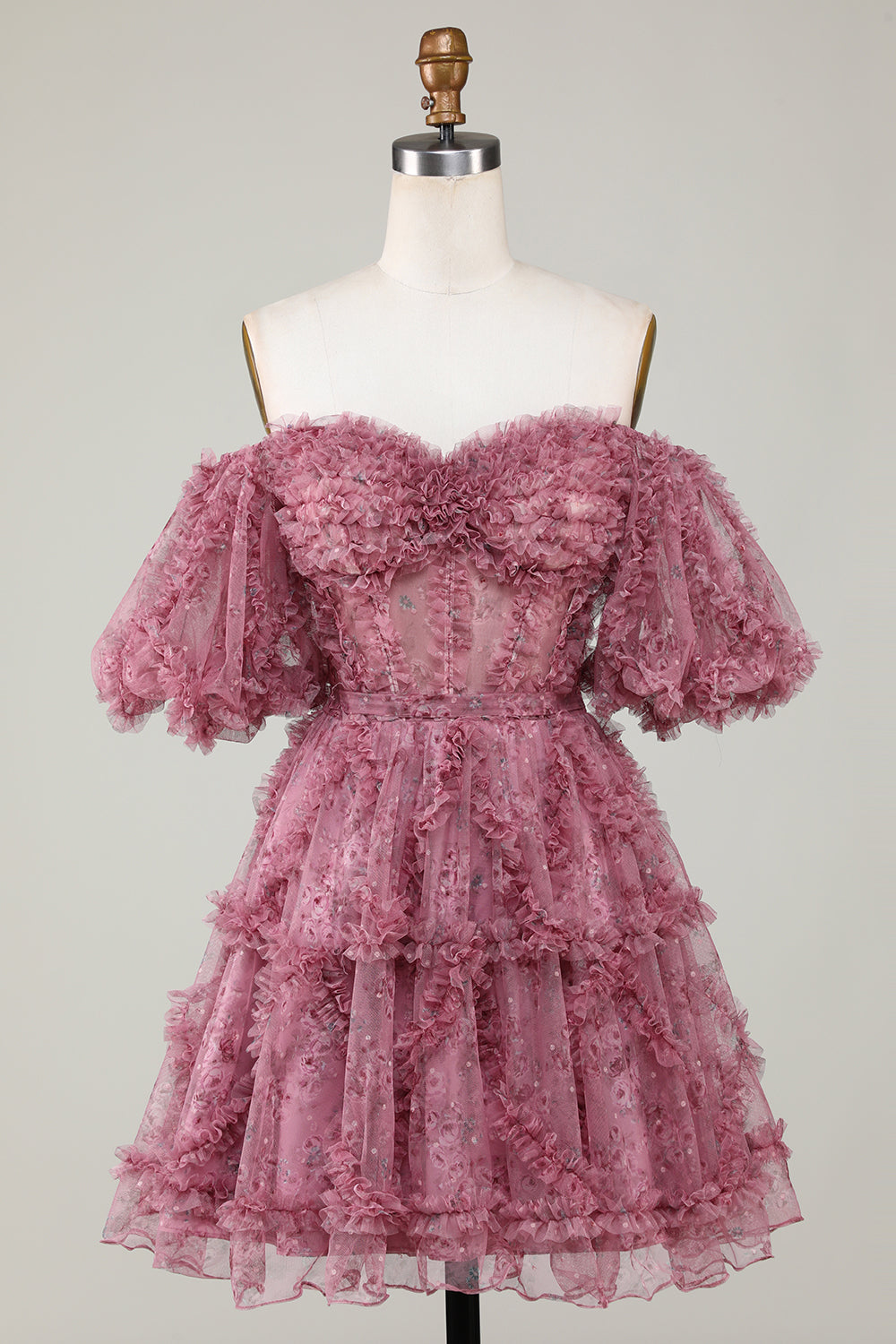 Underbar A-linje från axeln Fuchsia Tulle Kort Homecoming Klänning med korta ärmar