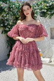 Vacker A-linje Från Axeln Dusty Rose Tulle Kort Homecoming Klänning
