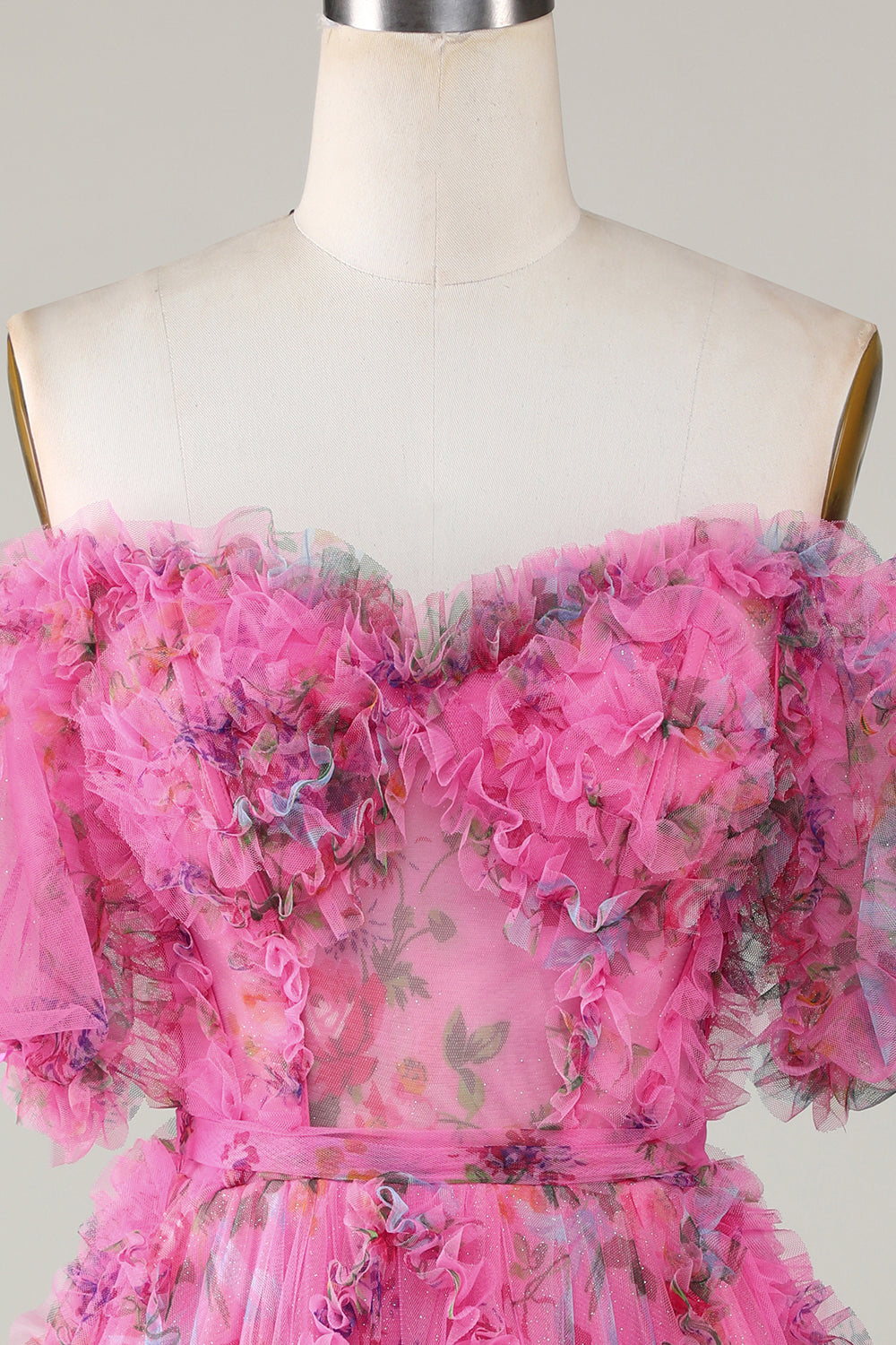 Underbar A-linje från axeln Fuchsia Tulle Kort Homecoming Klänning med korta ärmar