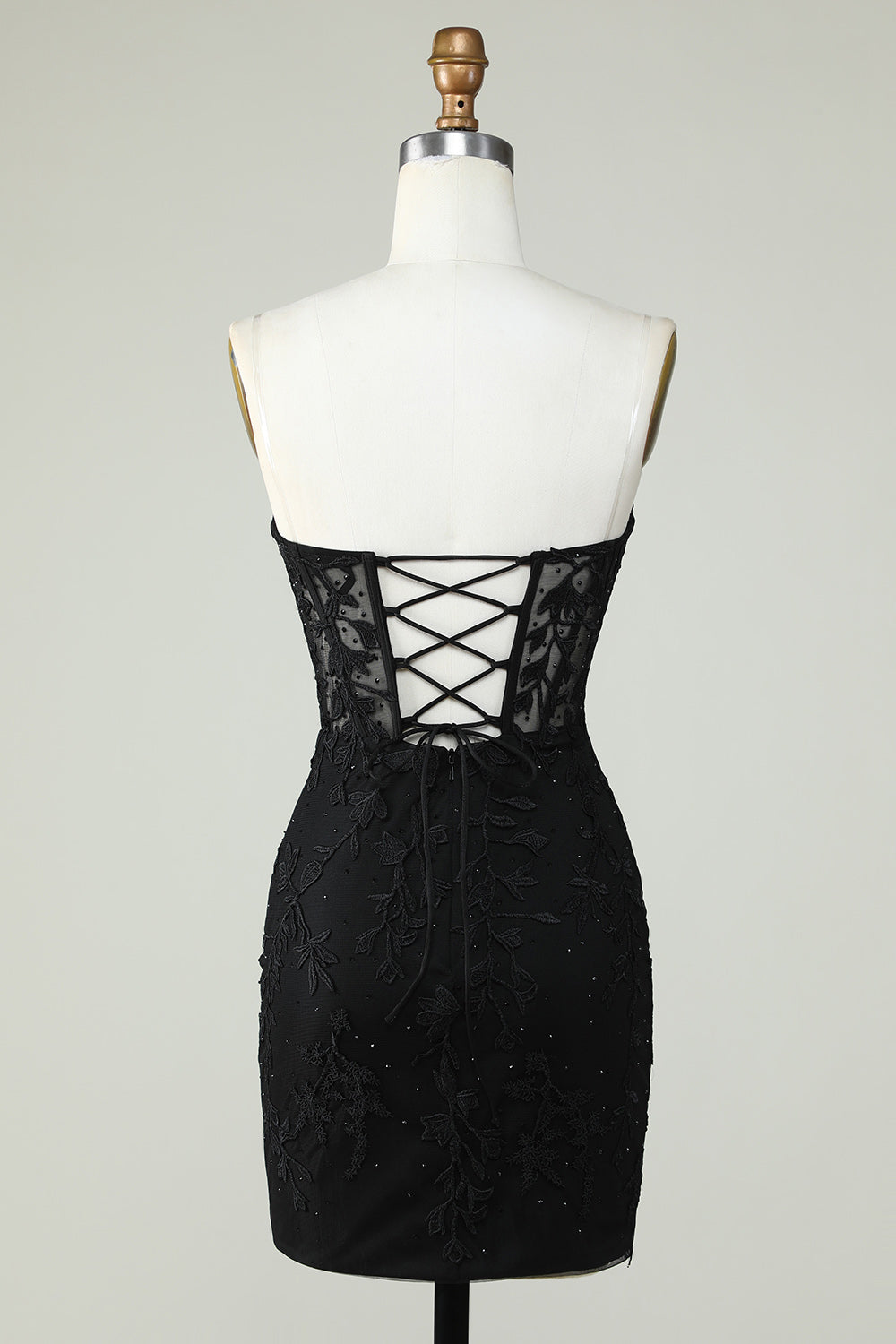 Bodycon Sweetheart Svart Korsett Kort Hemkomst Klänning med Applikationer