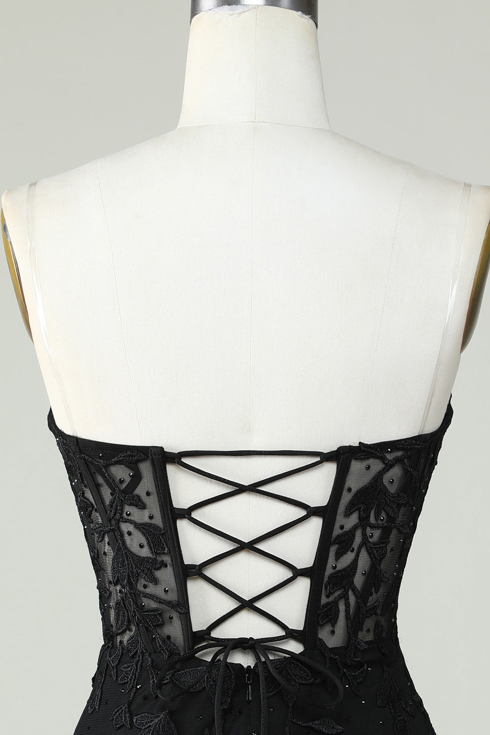 Bodycon Sweetheart Svart Korsett Kort Hemkomst Klänning med Applikationer