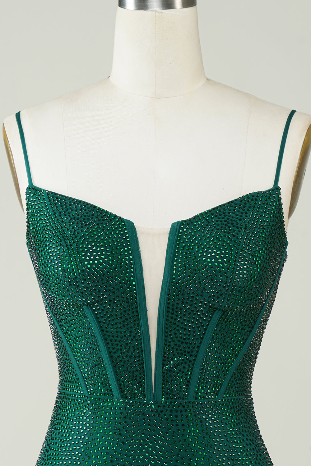 Glittrande Bodycon Spaghetti Remmar Mörkgrön Kort Homecoming Klänning med pärlor