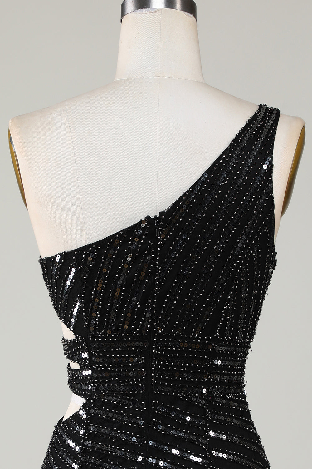 Sparkly Bodycon En Axel Svart Paljetter Kort Homecoming Klänning med Cut Out