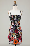 Bodycon Spaghettiband Svart Homecoming Klänning med 3D Blommor