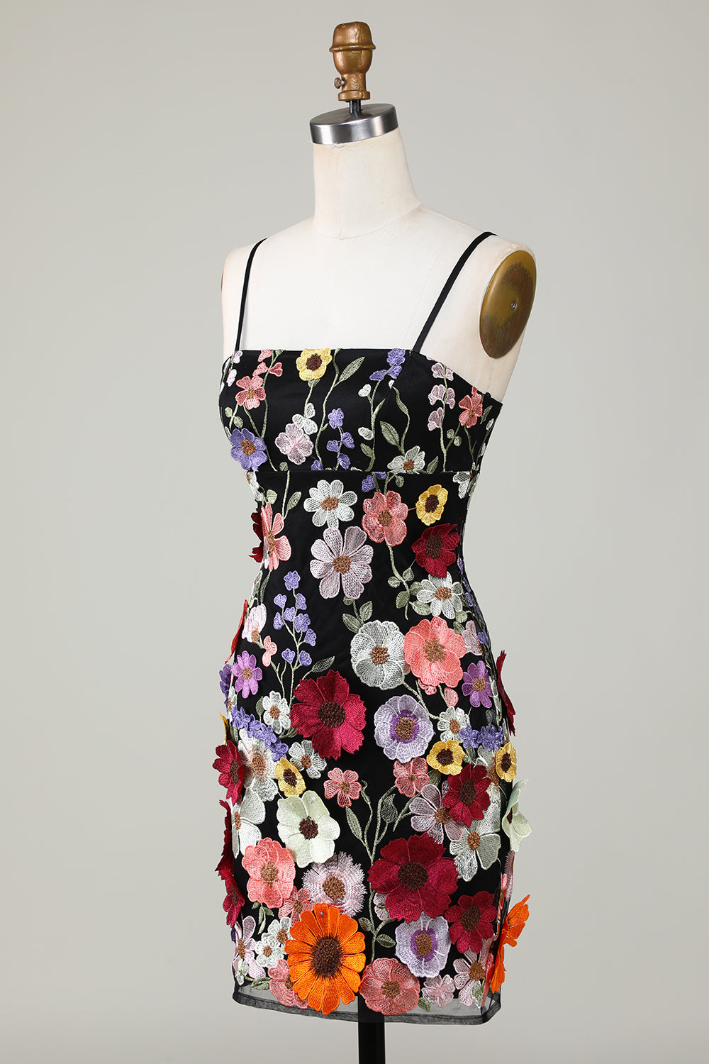 Bodycon Spaghettiband Svart Homecoming Klänning med 3D Blommor