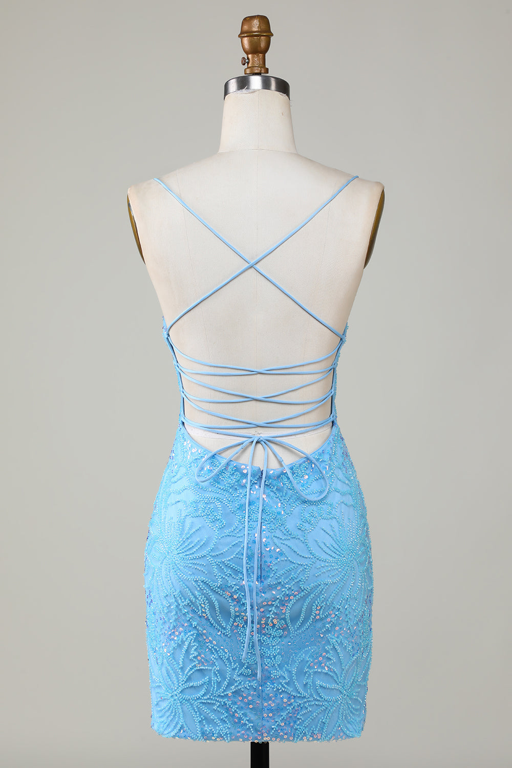Glittrande Blå Pärlstav Bodycon Kort Hemkomstklänning