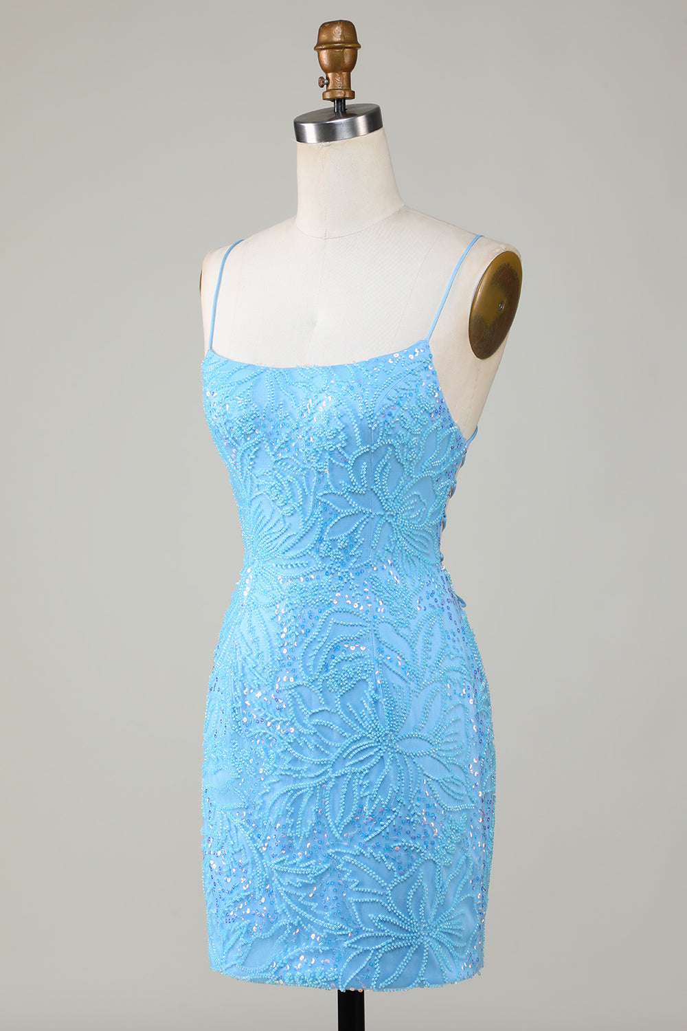 Glittrande Blå Pärlstav Bodycon Kort Hemkomstklänning