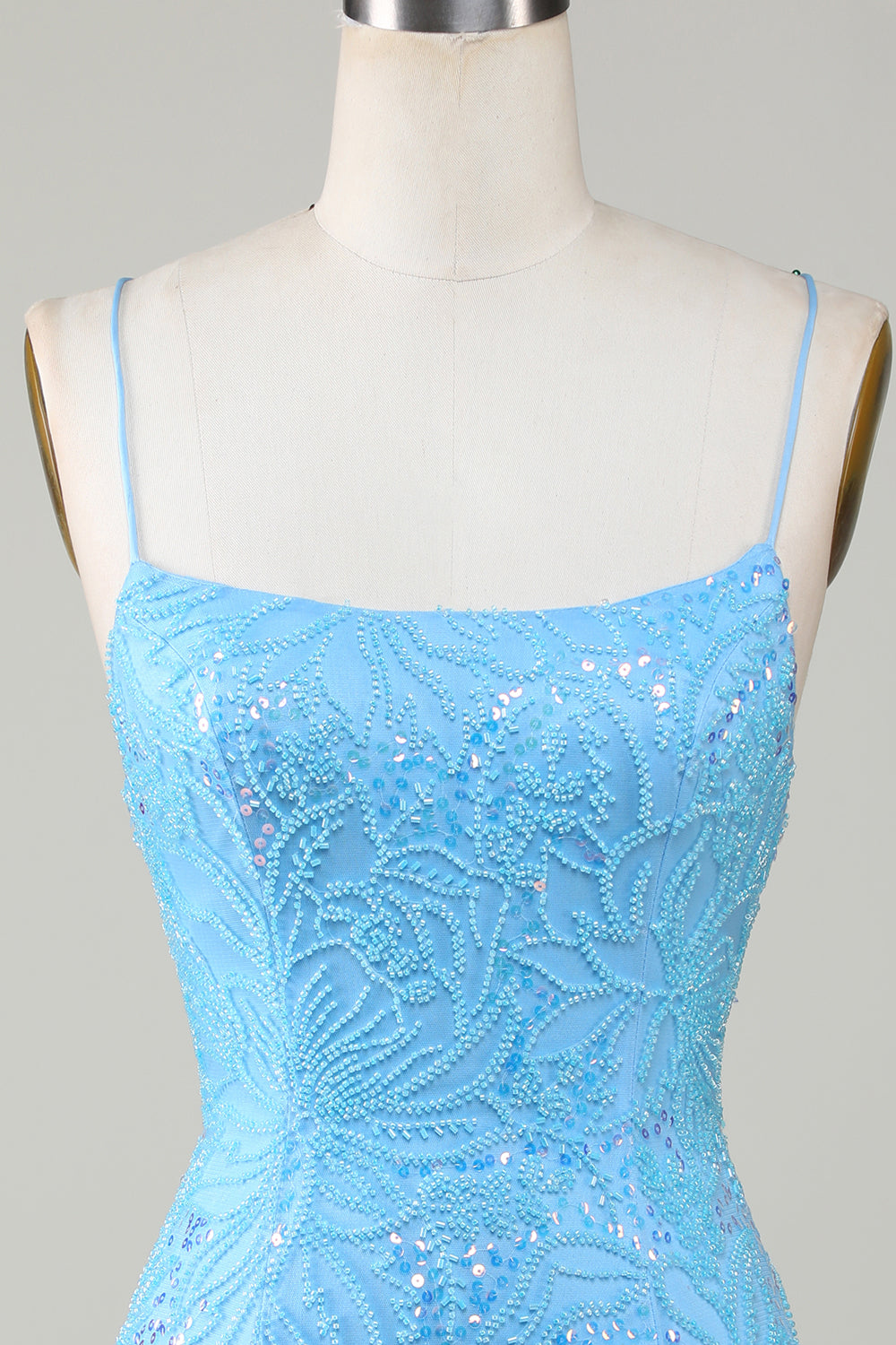 Glittrande Blå Pärlstav Bodycon Kort Hemkomstklänning