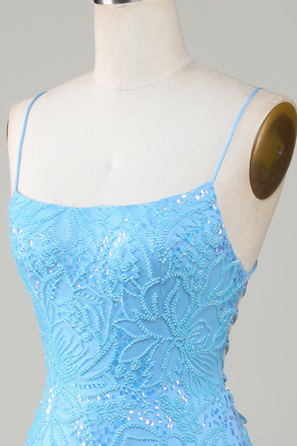 Glittrande Blå Pärlstav Bodycon Kort Hemkomstklänning
