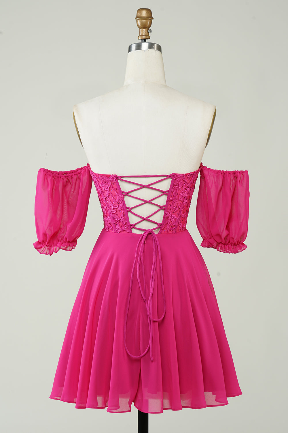 Fuchsia Corset A-Line Chiffong Kort Homecoming Klänning med spets