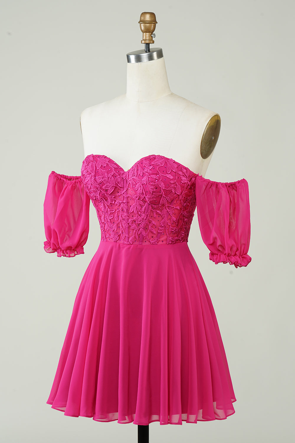 Fuchsia Corset A-Line Chiffong Kort Homecoming Klänning med spets