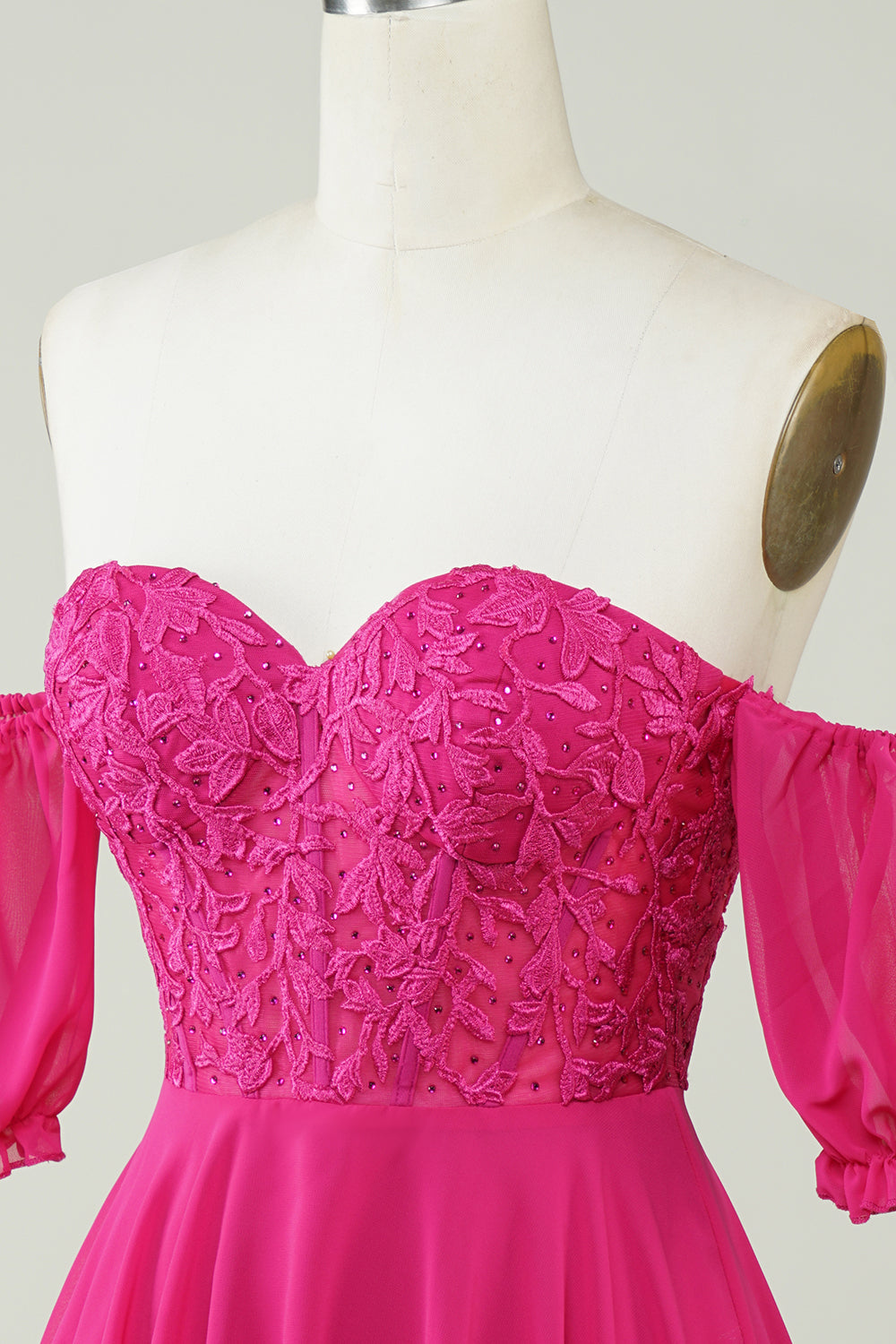 Fuchsia Corset A-Line Chiffong Kort Homecoming Klänning med spets