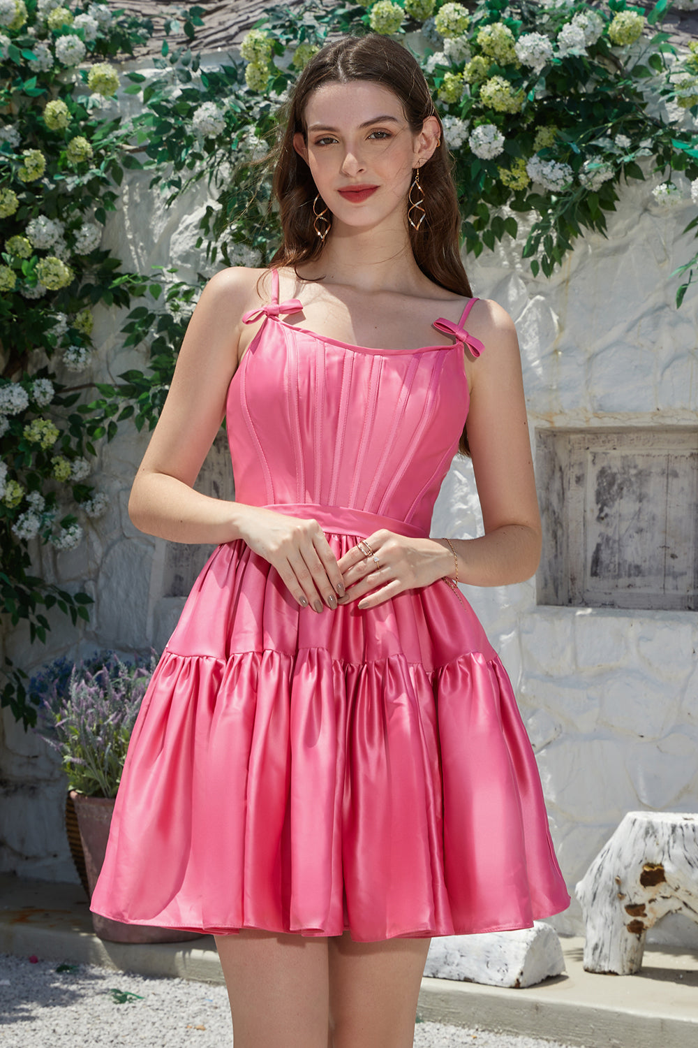Snygga A-Linje Spaghettiband Fuchsia Kort Homecoming Klänning med Bowknot
