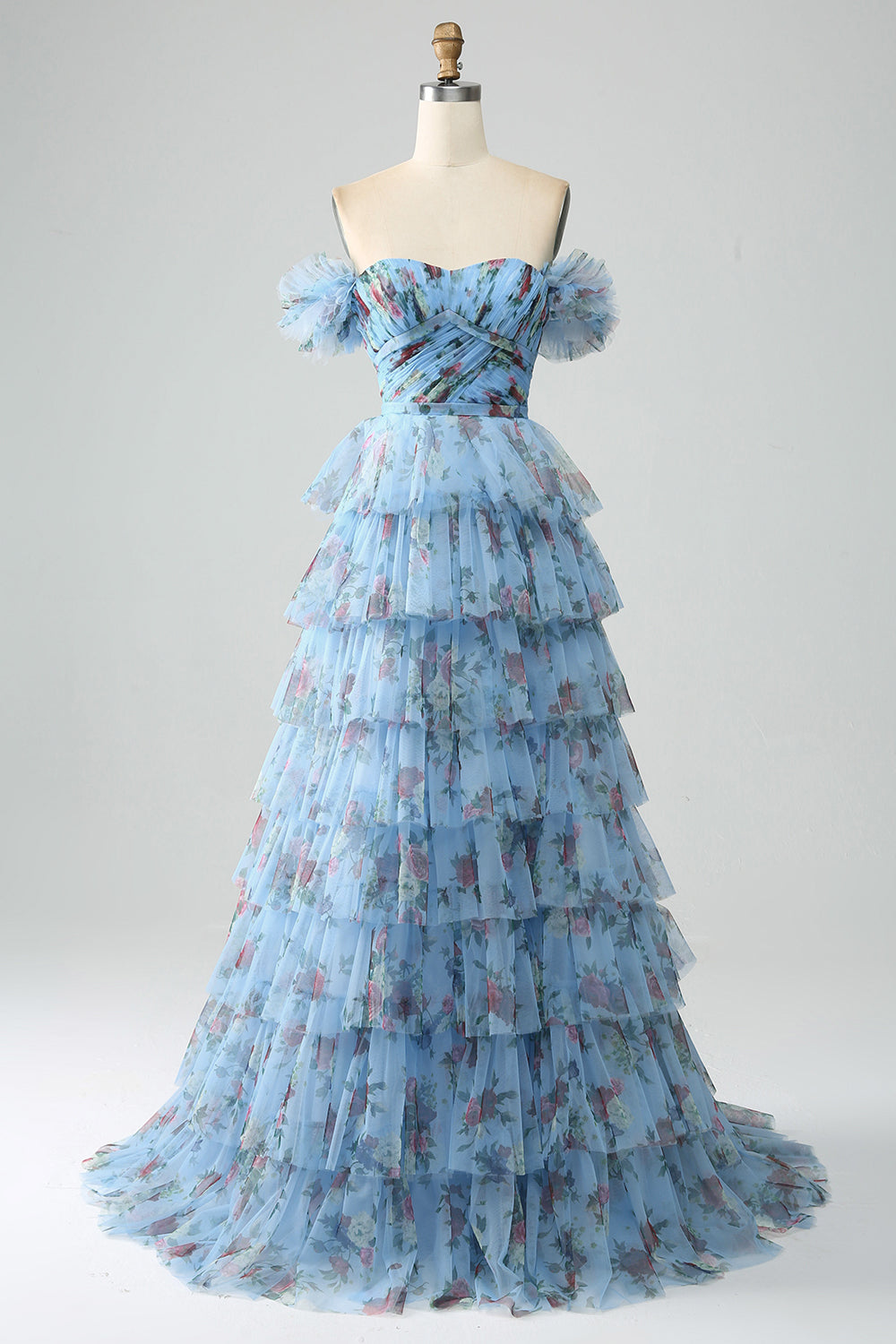 Off the Shoulder Blommig Tryckt Tiered Prom Klänning med Plisserad