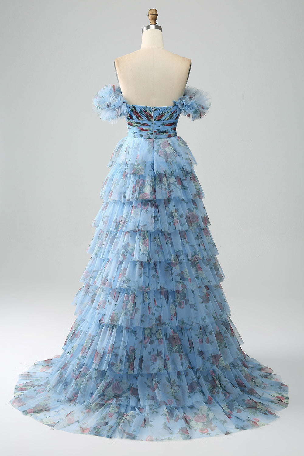 Off the Shoulder Blommig Tryckt Tiered Prom Klänning med Plisserad