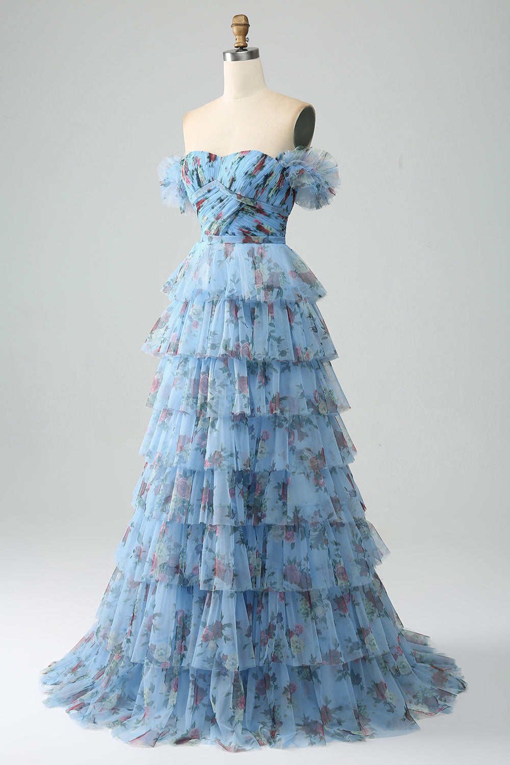 Off the Shoulder Blommig Tryckt Tiered Prom Klänning med Plisserad