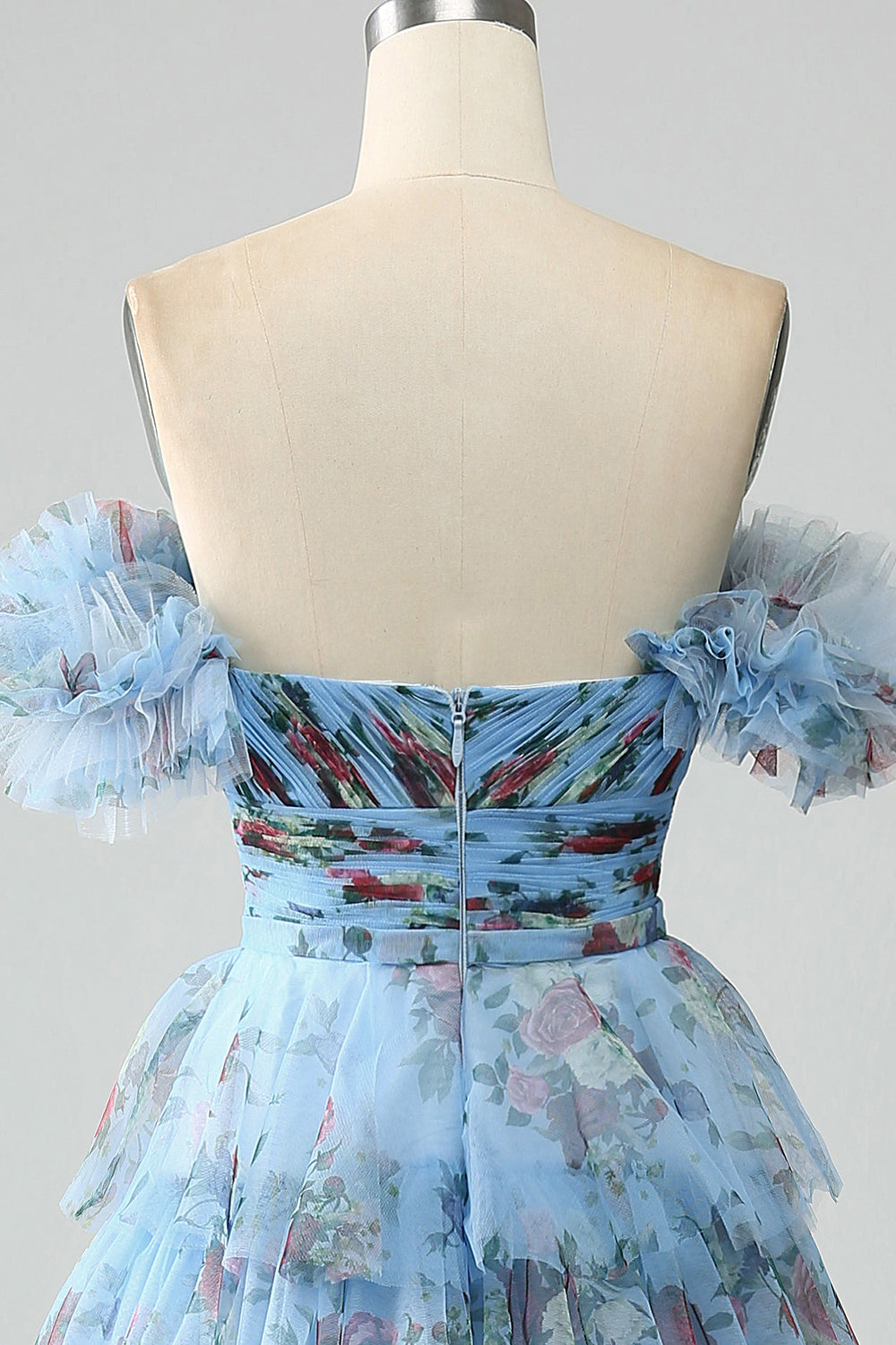 Off the Shoulder Blommig Tryckt Tiered Prom Klänning med Plisserad