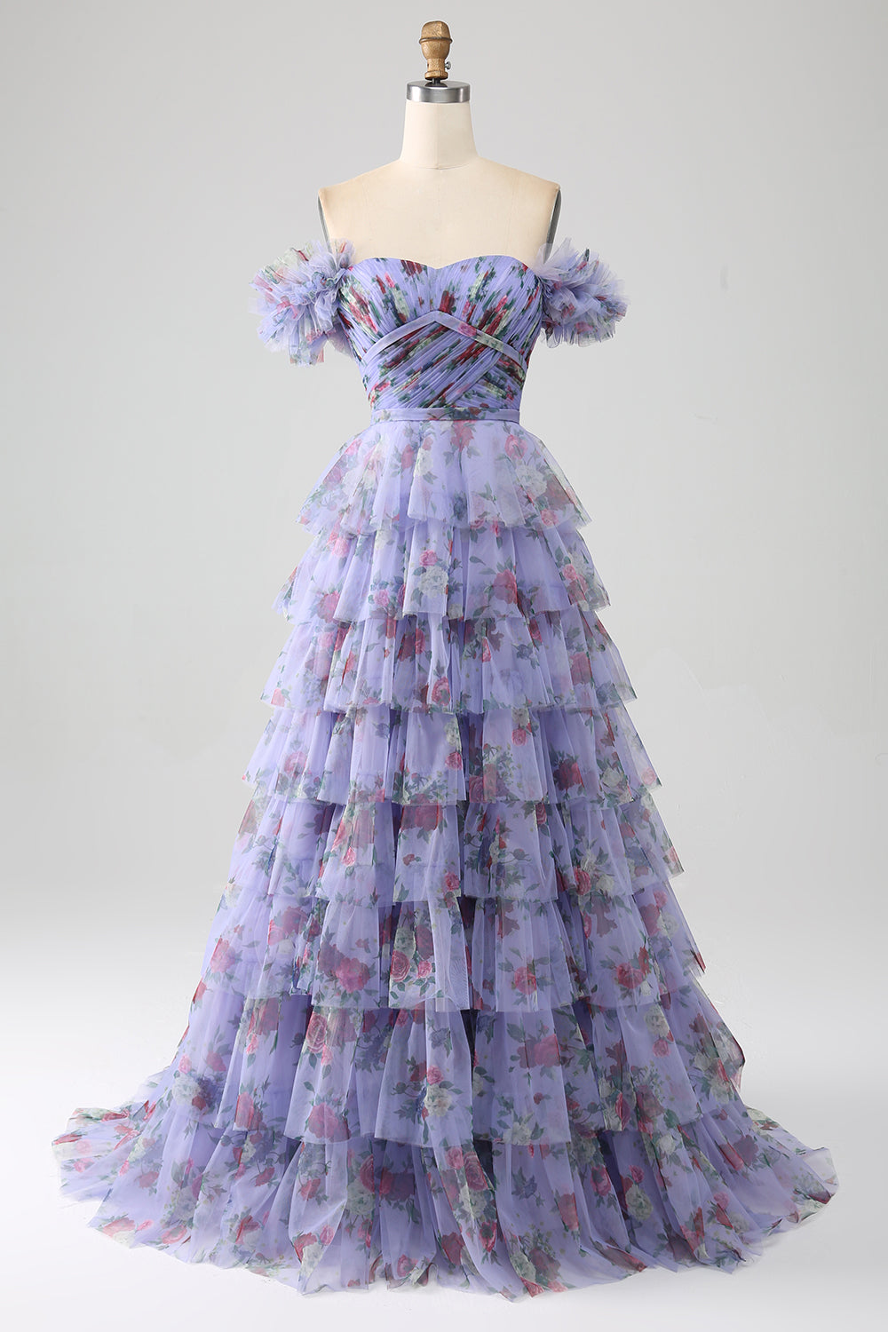 Off the Shoulder Blommig Tryckt Tiered Prom Klänning med Plisserad