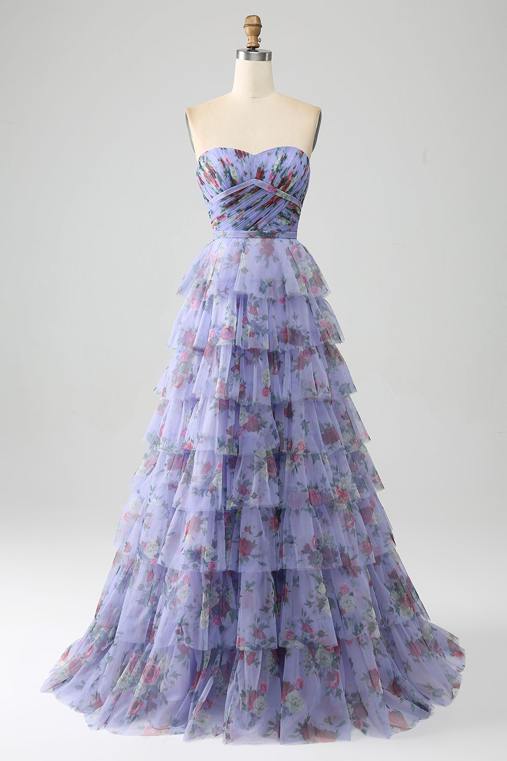 Off the Shoulder Blommig Tryckt Tiered Prom Klänning med Plisserad