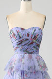 Off the Shoulder Blommig Tryckt Tiered Prom Klänning med Plisserad
