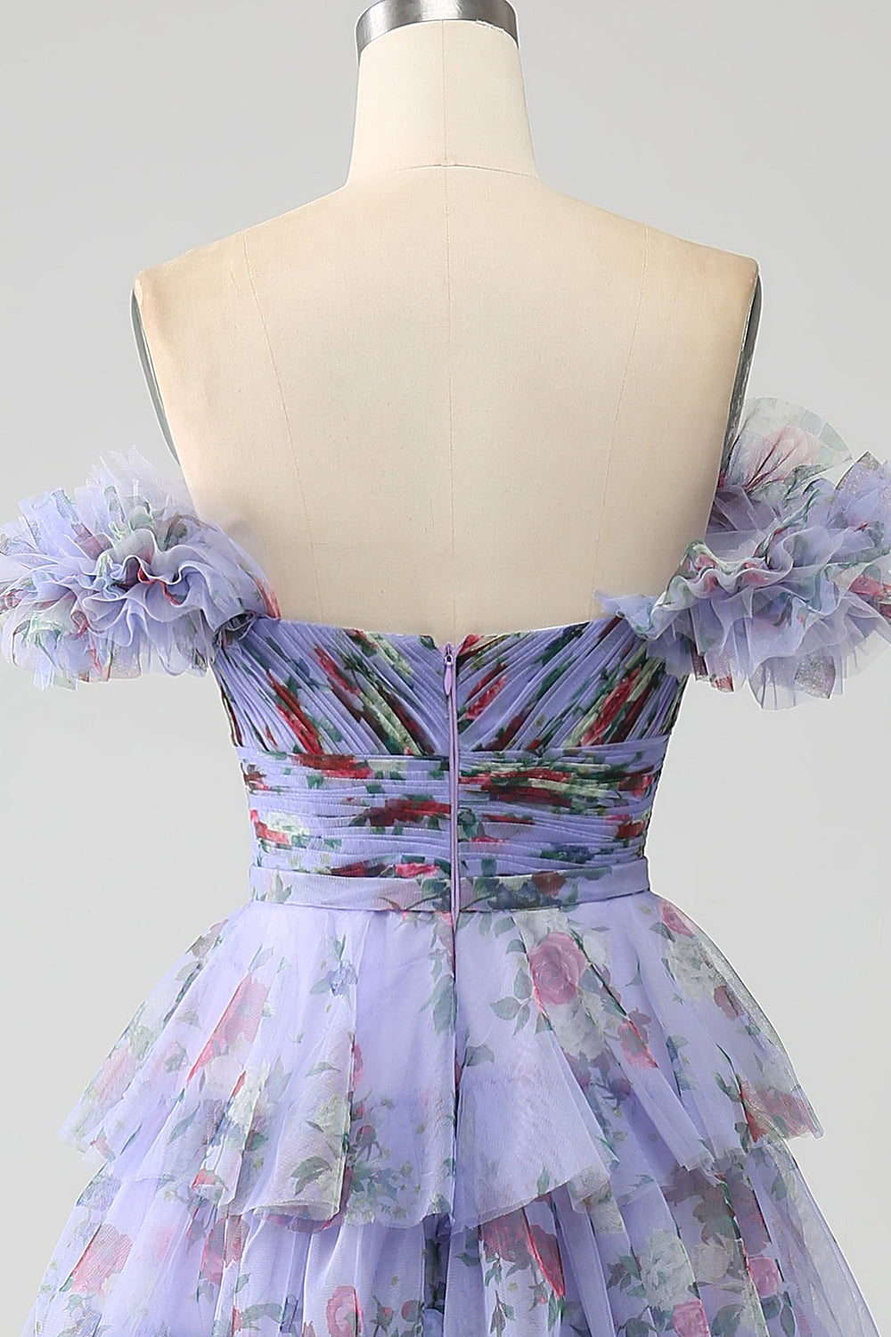 Off the Shoulder Blommig Tryckt Tiered Prom Klänning med Plisserad