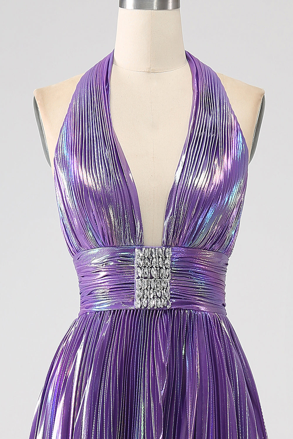 Glitter Lila Plisserad Metallic Lång Balklänning med Slits