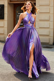 Stunning A Line Halter Neck Lila Lång Balklänning med Nyckelhål Split Front