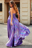 Stunning A Line Halter Neck Lila Lång Balklänning med Nyckelhål Split Front