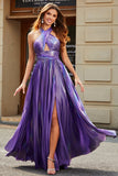 Stunning A Line Halter Neck Lila Lång Balklänning med Nyckelhål Split Front