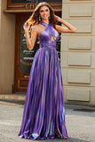 Stunning A Line Halter Neck Lila Lång Balklänning med Nyckelhål Split Front