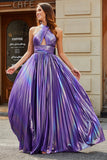 Stunning A Line Halter Neck Lila Lång Balklänning med Nyckelhål Split Front