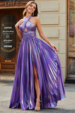 Stunning A Line Halter Neck Lila Lång Balklänning med Nyckelhål Split Front