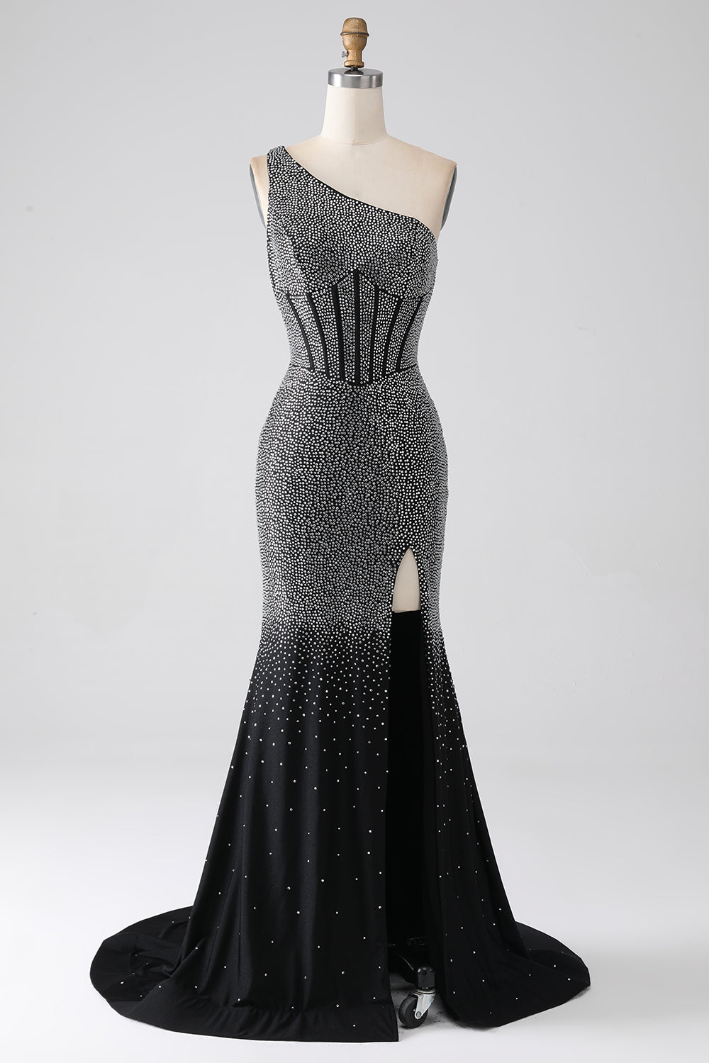 Glittrande Svart Mermaid One Shoulder Korsett Balklänning